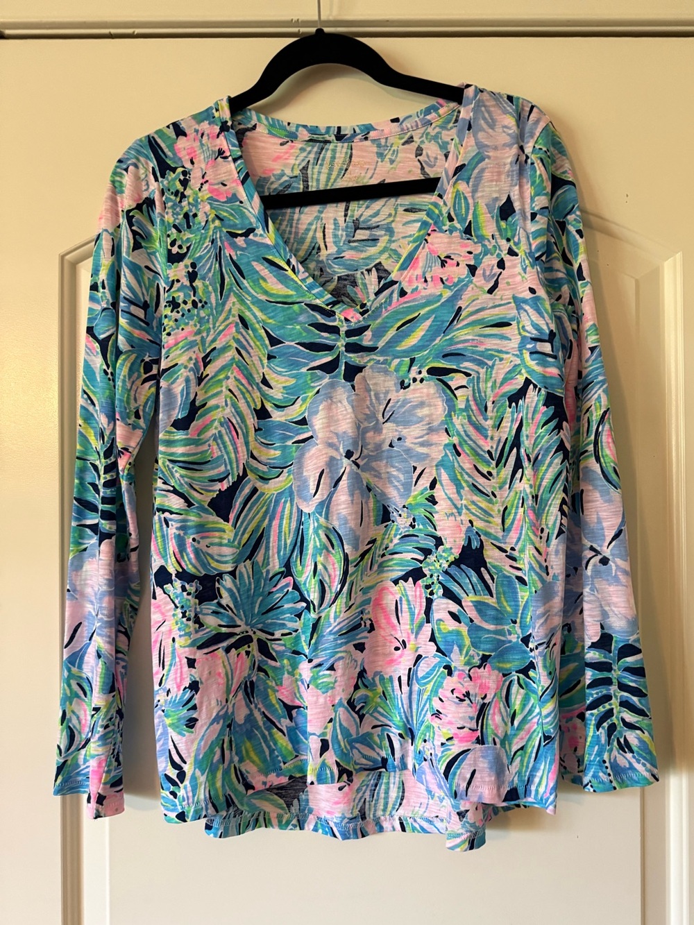 Lilly Pulitzer Pastel Blue & Pink Tropical V-Neck Long Sleeve Top